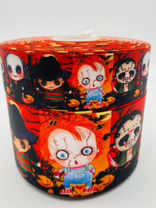 3"  Wide Red Halloween Scary Monster Cartoons with Chucky and Freddie Printed Grosgrain Cheer Bow Hair Bow Ribbon
