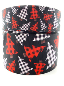 3"  Wide Buffalo Plaid Christmas Trees on Black Printed Grosgrain Hair Bow Ribbon for Crafts