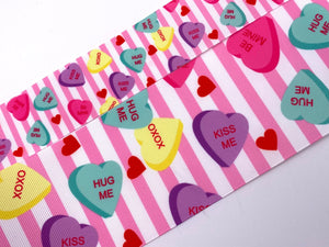 1.5" or 3" Wide Valentine Pink Stripes and Conversation Hearts Printed on Hair Bow Ribbon