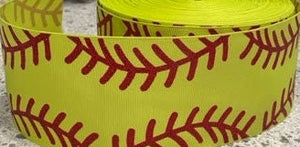 3" Wide Yellow Baseball Red Glitter Stitch Printed Grosgrain Cheer Bow Ribbon