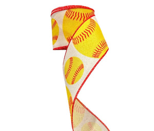 2.5" Wired Yellow Softballs Collage On White Ribbon