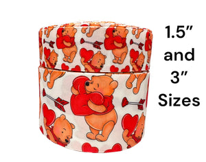 1.5" or 3'' Wide Valentine Pooh with Heart on Hair Bow Grosgrain Ribbon